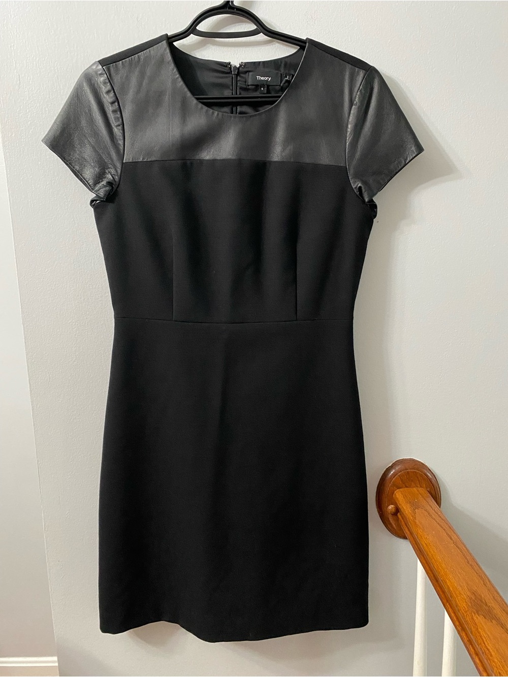 Theory Black Short-Sleeve Sheath Dress with Leather Yoke